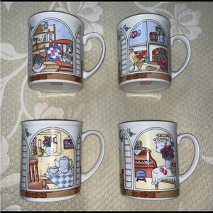 Set of 4 SHIBATA JAPAN Porcelain Mugs Coffee Tea Cups Home Window Scenes EXC LN